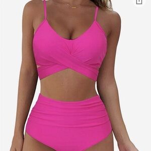 Hot Pink Twist-Front High-Waist Bikini Set
